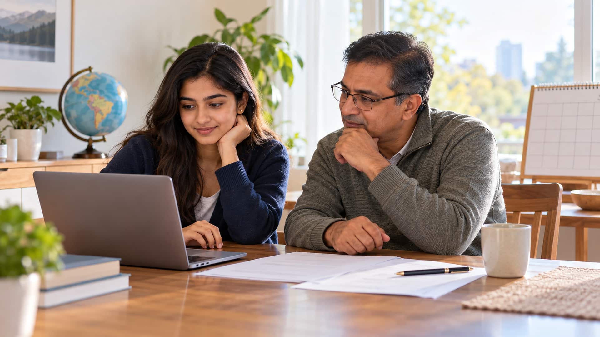 Canada September intake deadline: South Asian student and her father reviewing a laptop and application papers.
