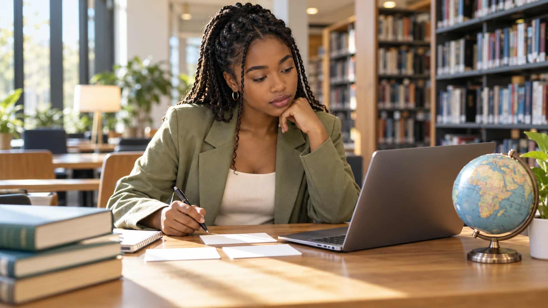 University application deadlines for international students: a Black student comparing a laptop and planning cards in a university library.