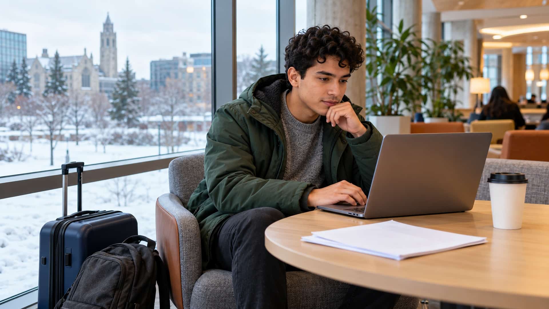 January intake in Canada: Latino student in a winter jacket checking a laptop beside luggage in a campus lounge.